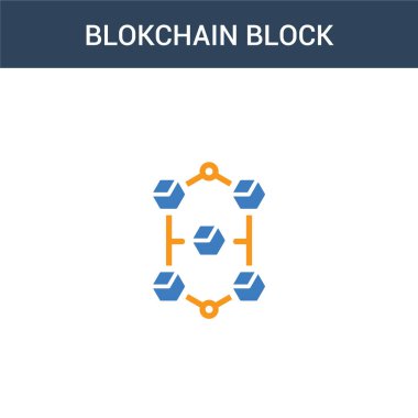 iki renkli blokchain blok konsept vektör simgesi. 2 renk blokchain blok vektör illüstrasyonu. Beyaz arkaplanda izole edilmiş mavi ve turuncu epinefrin simgesi.