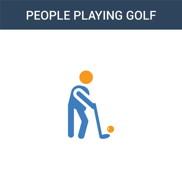 2色の人がゴルフのコンセプトベクトルアイコンを果たしている 2色ゴルフベクトルイラストを再生人々 白の背景に青とオレンジの葉のアイコンがあり — ストックベクタ