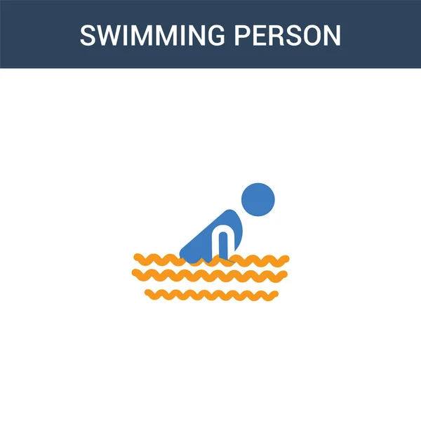 2色のスイミングパーソン コンセプト ベクトル アイコン 2色水泳人ベクトルイラスト 白の背景に青とオレンジの葉のアイコンがあり — ストックベクタ