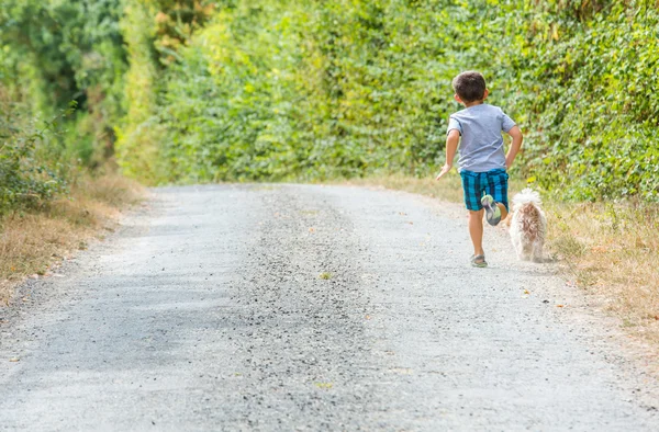 เด็กเล็กวิ่งไปตามถนนกับสุนัขตัวเล็ก — ภาพถ่ายสต็อก