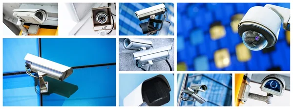Güvenlik Cctv kamera veya gözetim sistemi panoramik kolaj — Stok fotoğraf