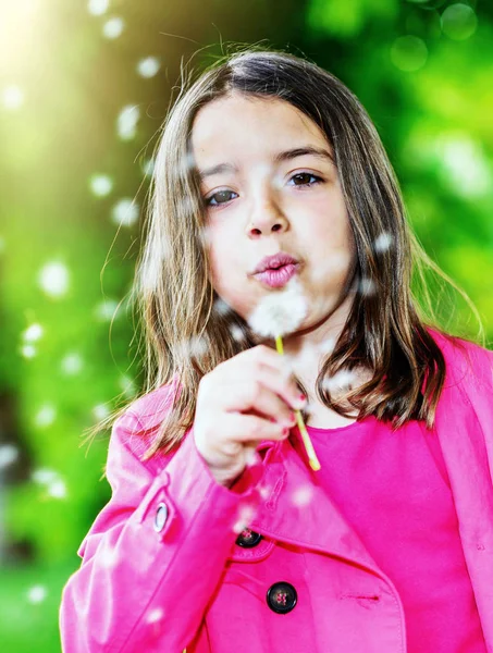 Cute child blowing on a flower standing in a park — Stock Photo, Image