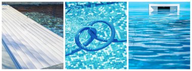 Collage close-up maintenance of a private pool clipart
