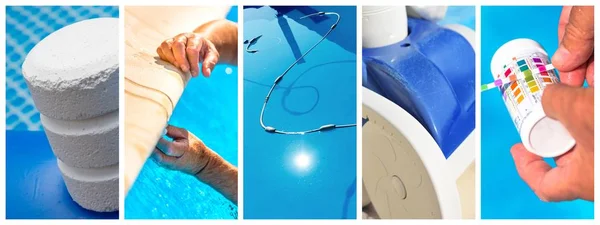 Collage primer plano mantenimiento de una piscina privada —  Fotos de Stock