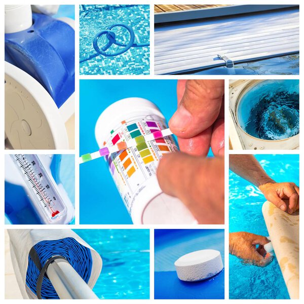 Коллаж крупным планом обслуживания частного бассейна