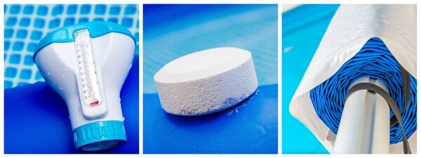 Коллаж крупным планом обслуживания частного бассейна