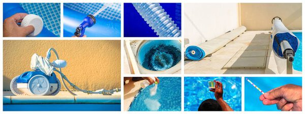 Коллаж крупным планом обслуживания частного бассейна