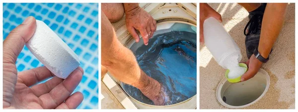 Collage primer plano mantenimiento de una piscina privada —  Fotos de Stock