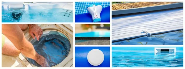 Collage primer plano mantenimiento de una piscina privada — Foto de Stock