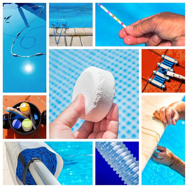 Коллаж крупным планом обслуживания частного бассейна
