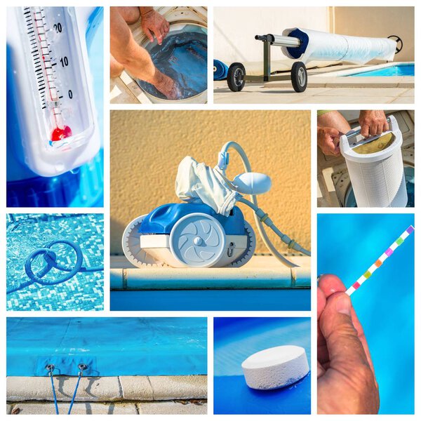 Коллаж крупным планом обслуживания частного бассейна