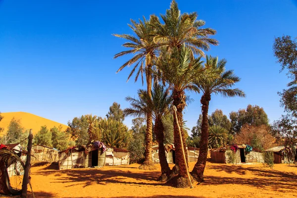 Dunas de arena y oasis en el desierto del Sahara, Merzouga, Marruecos — Foto de Stock