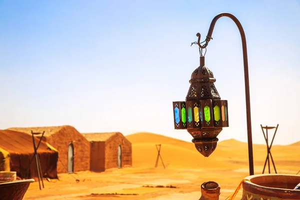 Coloreful berber lamp with traditional nomad tents on background — Stock Photo, Image