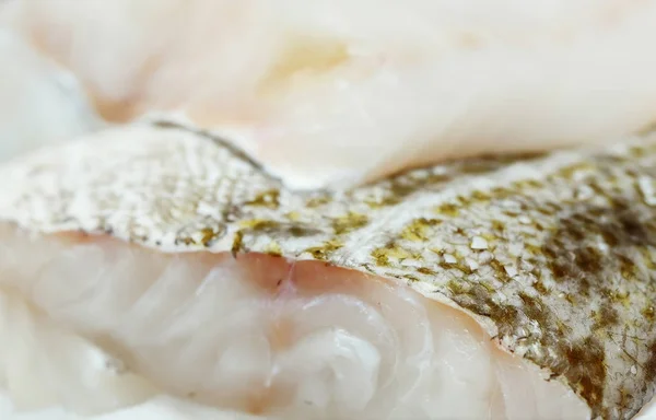 Vers ongekookt zeebaars filet op showcase van vismarkt — Stockfoto
