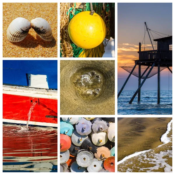 Foto collage mare, spiaggia e concetto di barca — Foto Stock