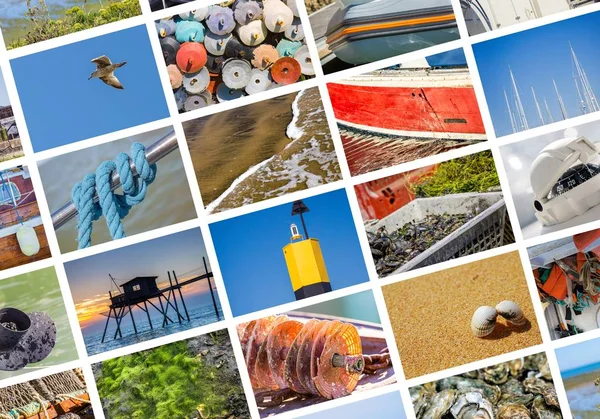 Photo collage sea, beach and boat concept — Stock Photo, Image