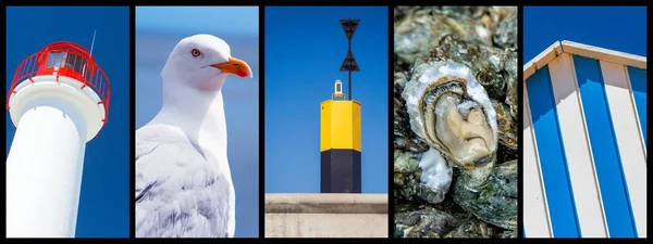 Panoramische foto collage zee, strand en boot concept — Stockfoto