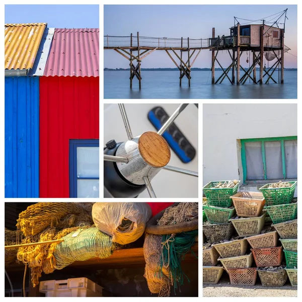 Foto collage mar, playa y barco concepto — Foto de Stock