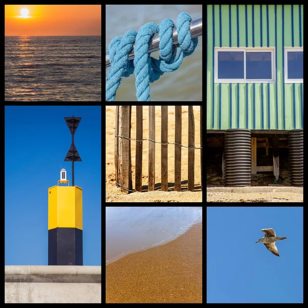 Foto collage mar, playa y barco concepto — Foto de Stock