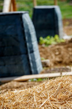 Siyah plastik kompost bin ve şehir Bahçe küçük ahşap kabin