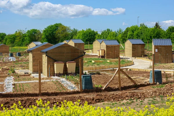 Large view of a ecological town garden with small wooden cabin — Stock Photo, Image