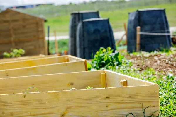 Vierkant hout moestuin in ecologische stad tuin — Stockfoto