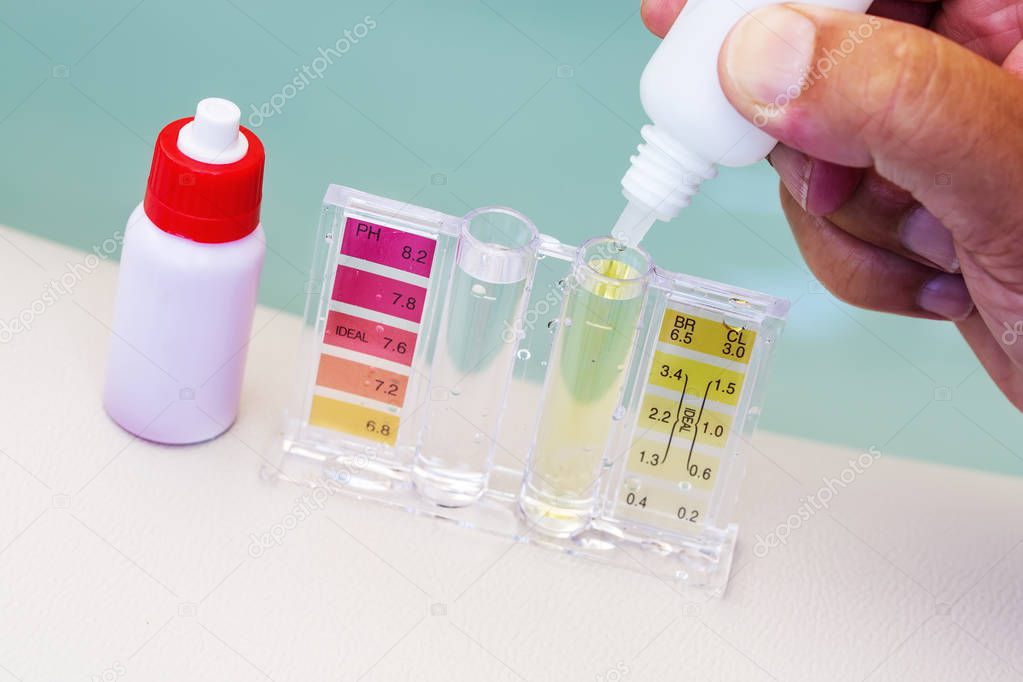 Kit of Ph chlorine and bromide test. Close-up on the test zone f