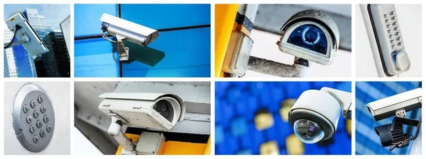 Panoramik kolaj closeup güvenlik Cctv kamera veya gözetim sistemi — Stok fotoğraf