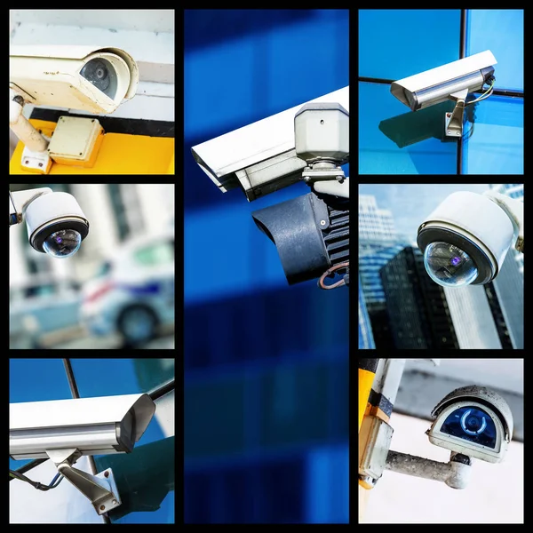 Colagem de segurança closeup câmera de CCTV ou sistema de vigilância — Fotografia de Stock