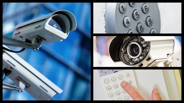 Collage de cámara CCTV de seguridad de primer plano o sistema de vigilancia —  Fotos de Stock