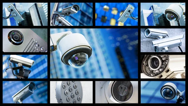 Panoramische Collage aus Nahaufnahme Überwachungskamera oder Überwachungssystem — Stockfoto