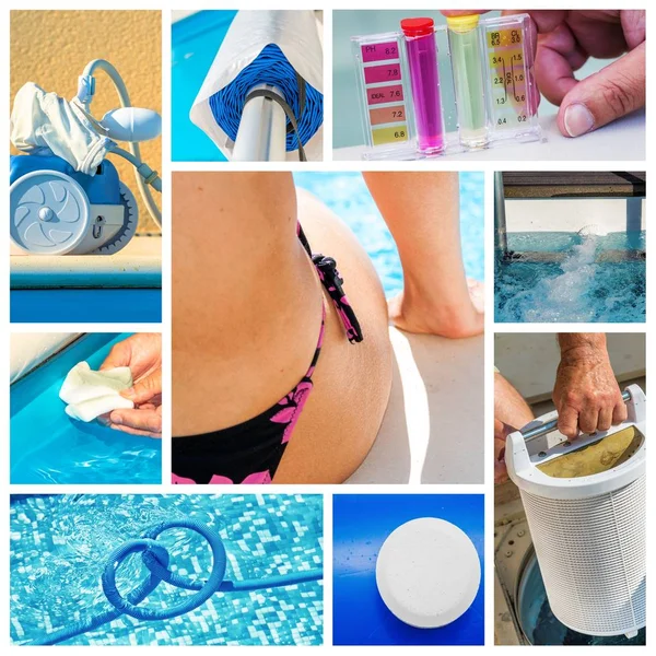 Collage Nahaufnahme Wartung eines privaten Pools — Stockfoto