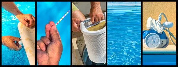 Panoramic collage close-up maintenance of a private pool — Stock Photo, Image