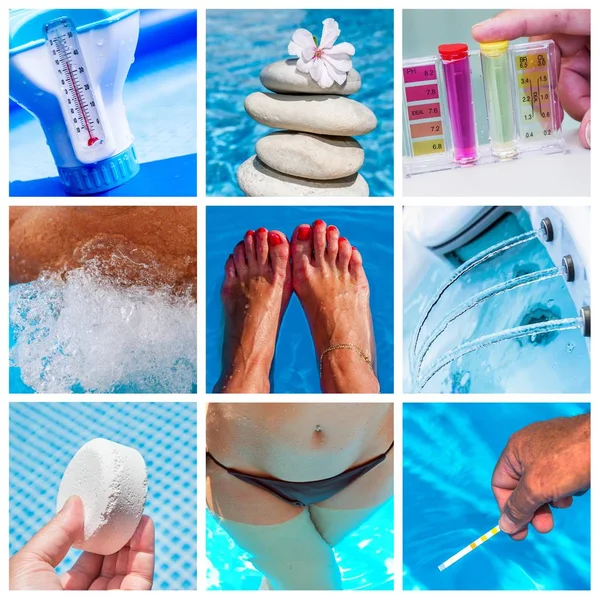 Collage close-up maintenance of a private pool — Stock Photo, Image