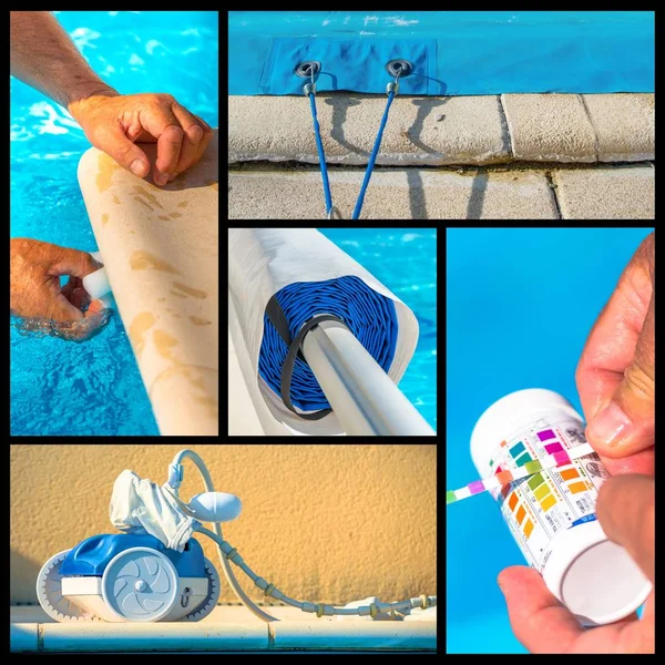 Collage close-up maintenance of a private pool — Stock Photo, Image