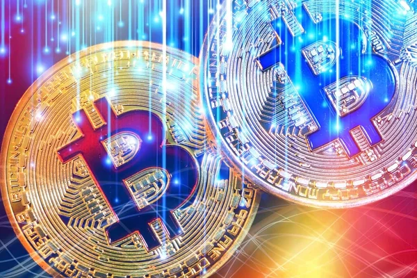 Physische Version von Bitcoin (neues virtuelles Geld) mit bunter Wirkung — Stockfoto