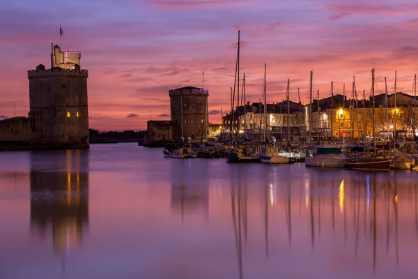 La Rochelle - Harbor by night with beautiful sunset — Stock Photo, Image