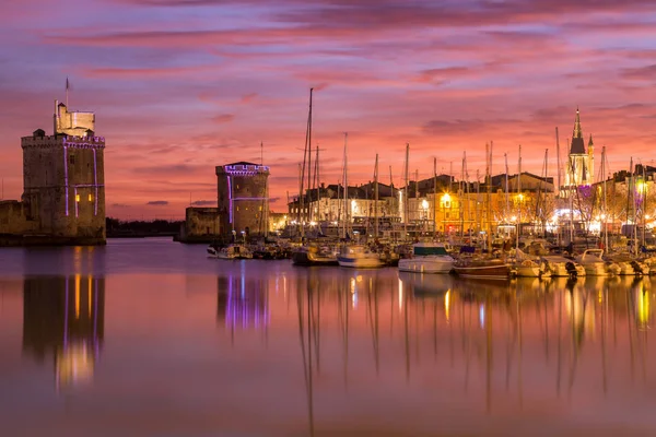 Harbor by night with beautiful sunset, La rochelle, France — Stock Photo, Image