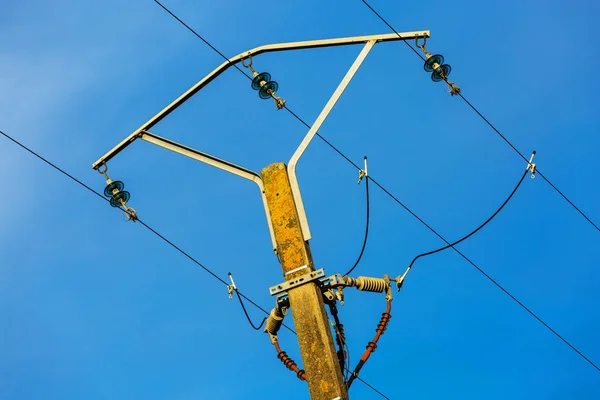 Electric pole power lines and wires with blue sky — Stock Photo, Image