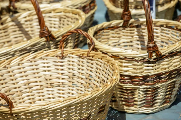 Closeup of handmade basket made on cane in open market