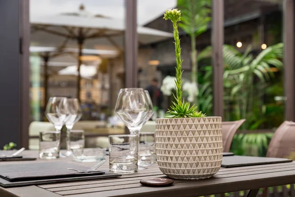 Cutlery of a gourmet restaurant table with greenery in the background — Stock Photo, Image