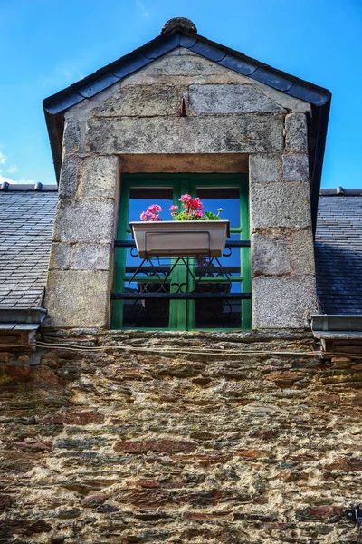 Blumentopf am Fenster des alten Hauses aufgestellt — Stockfoto