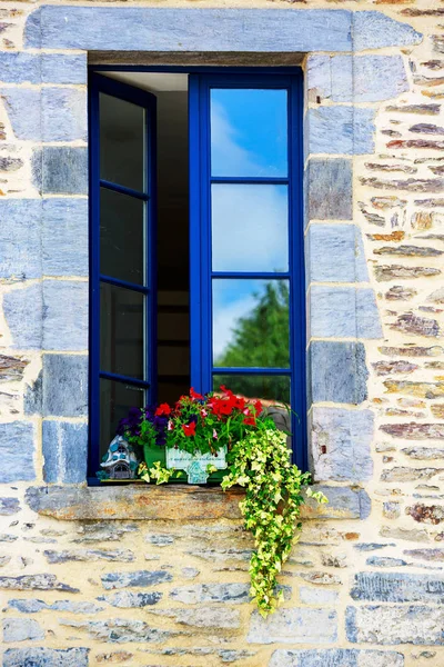 Flower pot placed at the window of old house — Stock Photo, Image