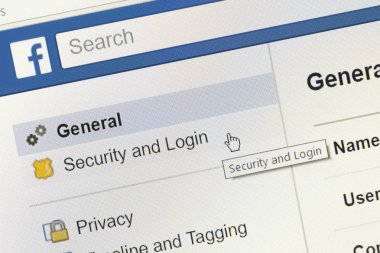 Facebook güvenlik ve giriş alt menüsünde yer alan fare imleci