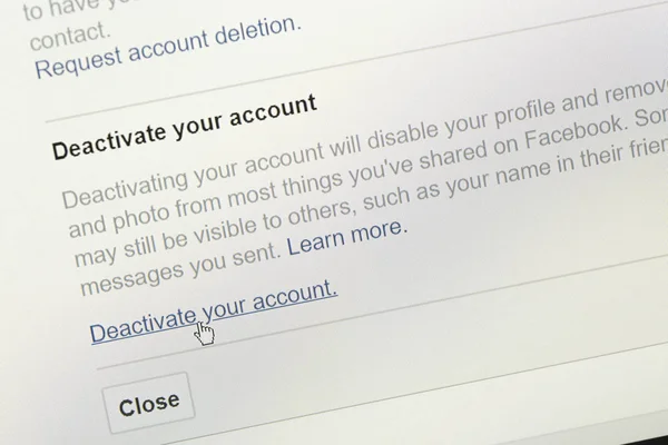 Nahaufnahme im Bereich "Konto deaktivieren" auf Facebook-Website. — Stockfoto