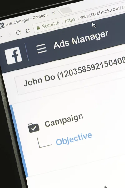 :Left menu of "Ads Manager" area of the Facebook website. — Stock Photo, Image