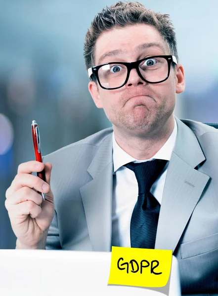 Portrait of funny manager with GDPR note — Stock Photo, Image