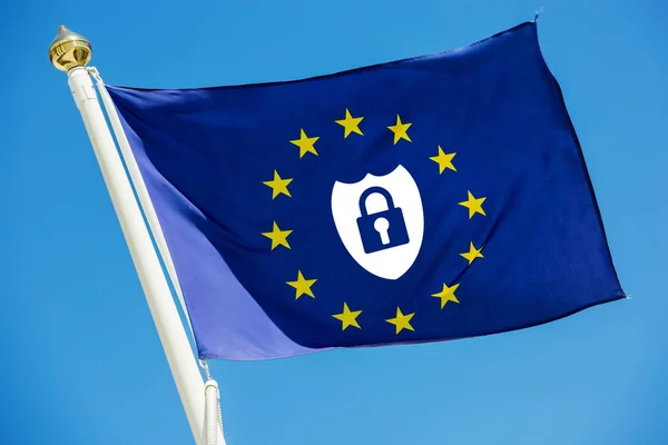 Real flag of European Union with safe icon about new european law inside — Stock Photo, Image