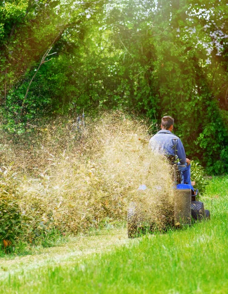 Back view of a man sitting on his lawn tractor mowing his lawn in sunny weather — Stock Photo, Image