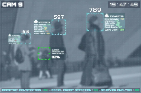 Pantalla de cámaras de cctv con reconocimiento facial y visualización de crédito social — Foto de Stock